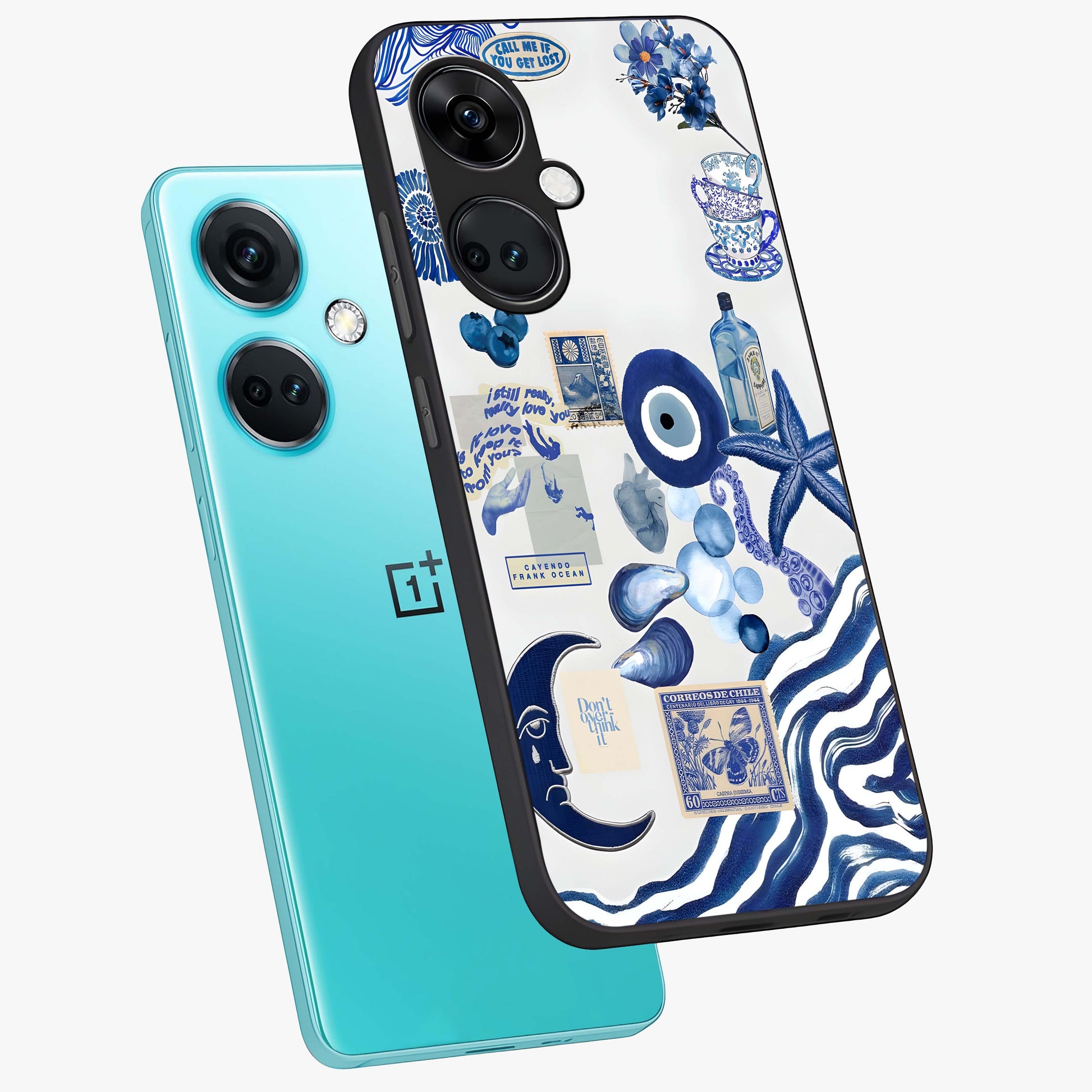 Evil Eyes Dark Blue Glass Case for 1+Nord Ce 3 angled mockup showcasing glossy finish and rich navy tones