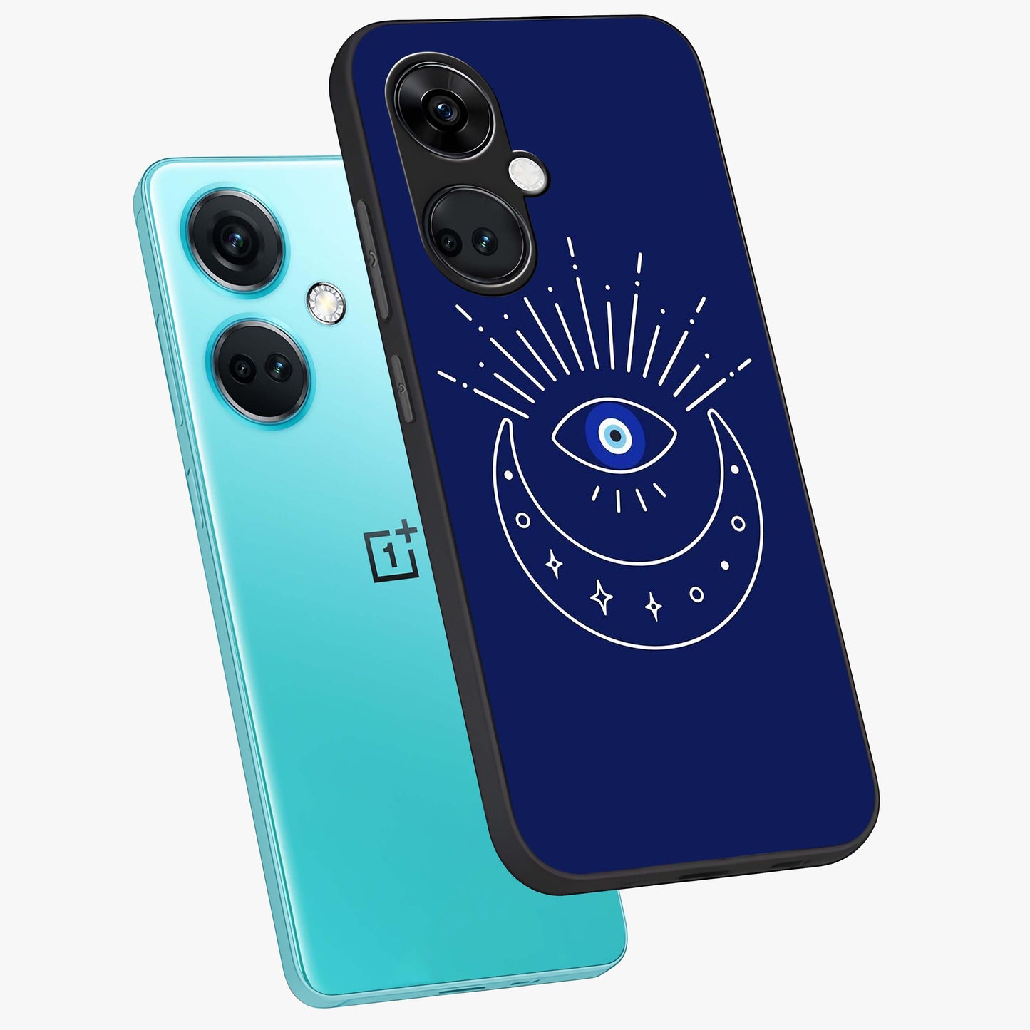 Evil Eye With Blue Themed Collage Glass Case for 1+Nord Ce 3 angled mockup showcasing glossy finish and layered blue textures