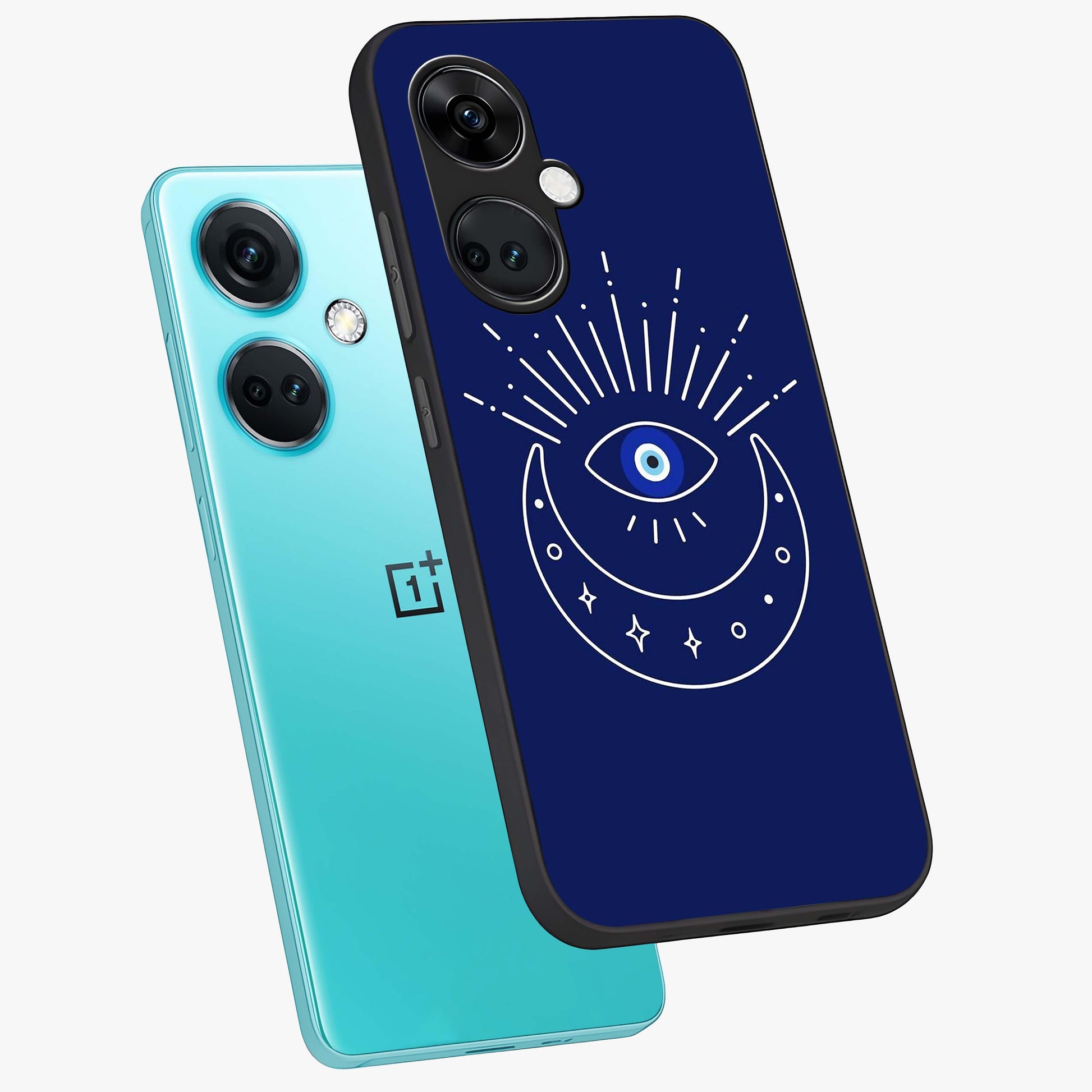 Evil Eye With Blue Themed Collage Glass Case for 1+Nord Ce 3 angled mockup showcasing glossy finish and layered blue textures