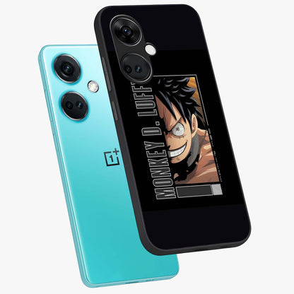 Fearless Pirate Smile Glass Case for 1+Nord CE 3 angled mockup showcasing glossy finish and dark adventurous tones