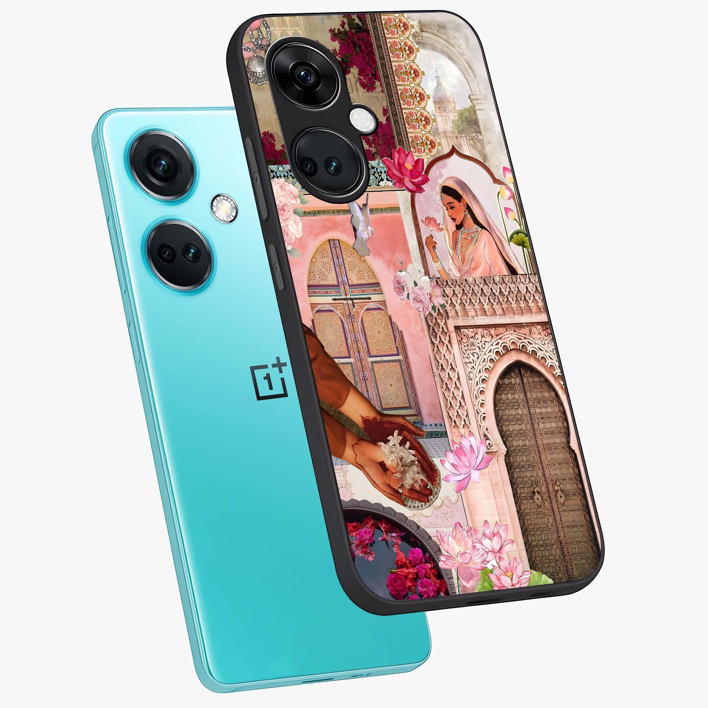 Floral Courtyard Muse Glass Case for 1+Nord Ce 3 angled mockup showcasing glossy finish and delicate bloom detailing