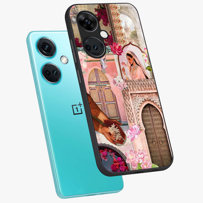 Floral Courtyard Muse Glass Case for 1+Nord Ce 3 angled mockup showcasing glossy finish and delicate bloom detailing