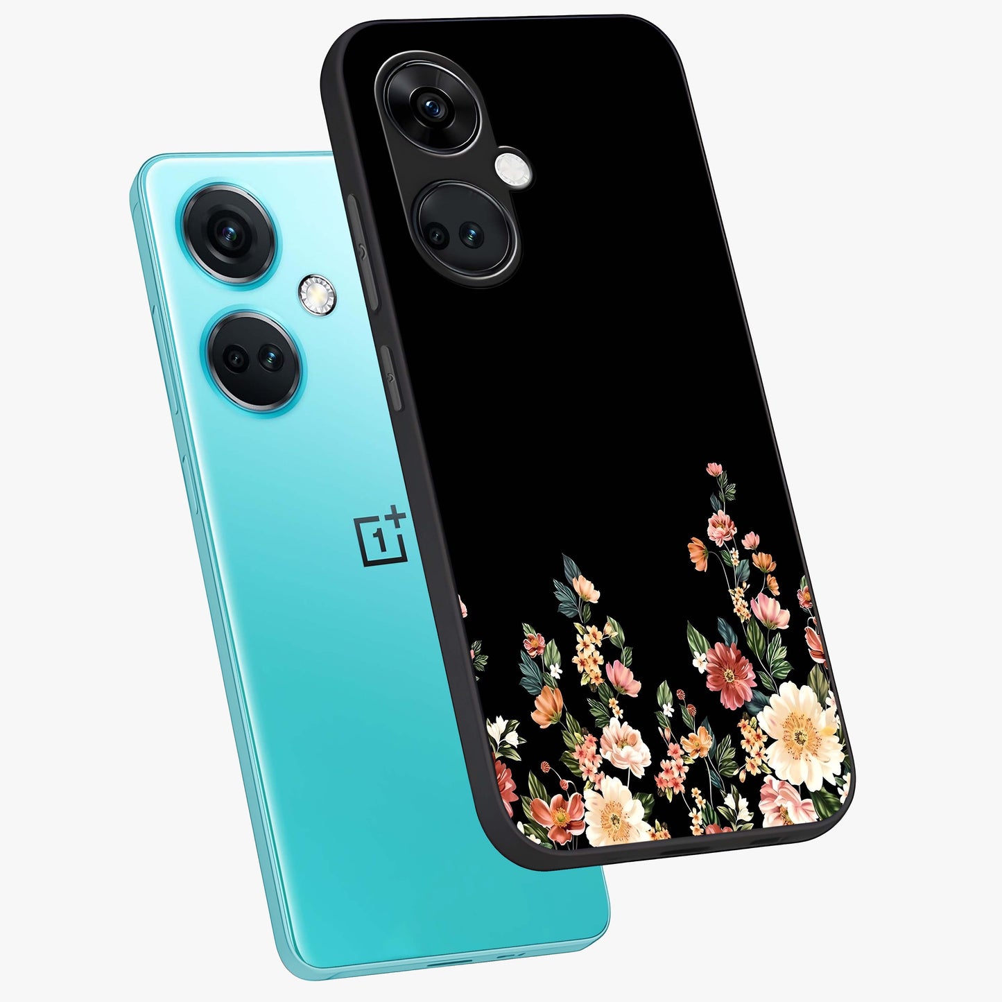 Floral Design With a Custom Personalized Name Glass Case for 1+Nord CE 3 angled mockup showcasing glossy finish and elegant bloom detailing