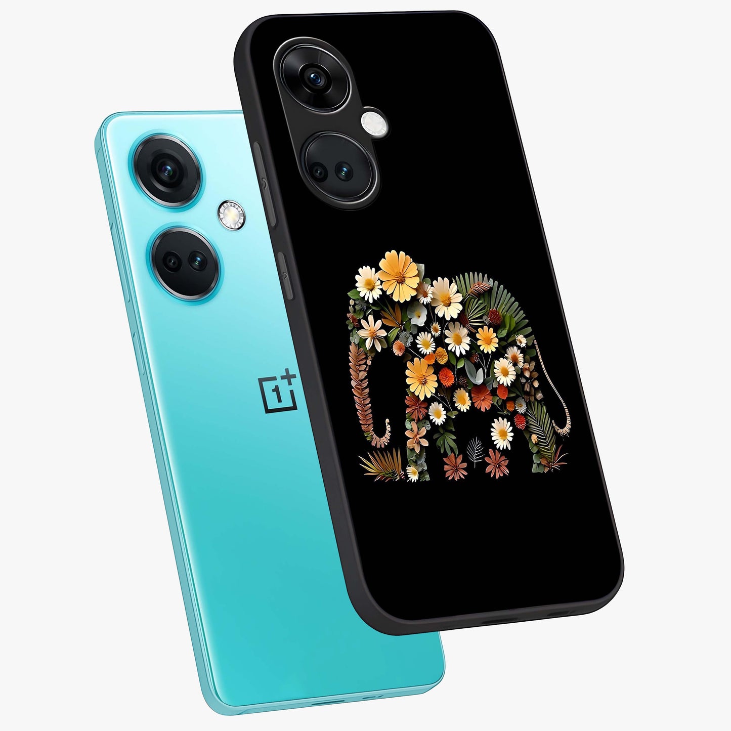 Floral Elephant Glass Case for 1+Nord CE 3 angled mockup showcasing glossy finish and vibrant cultural tones