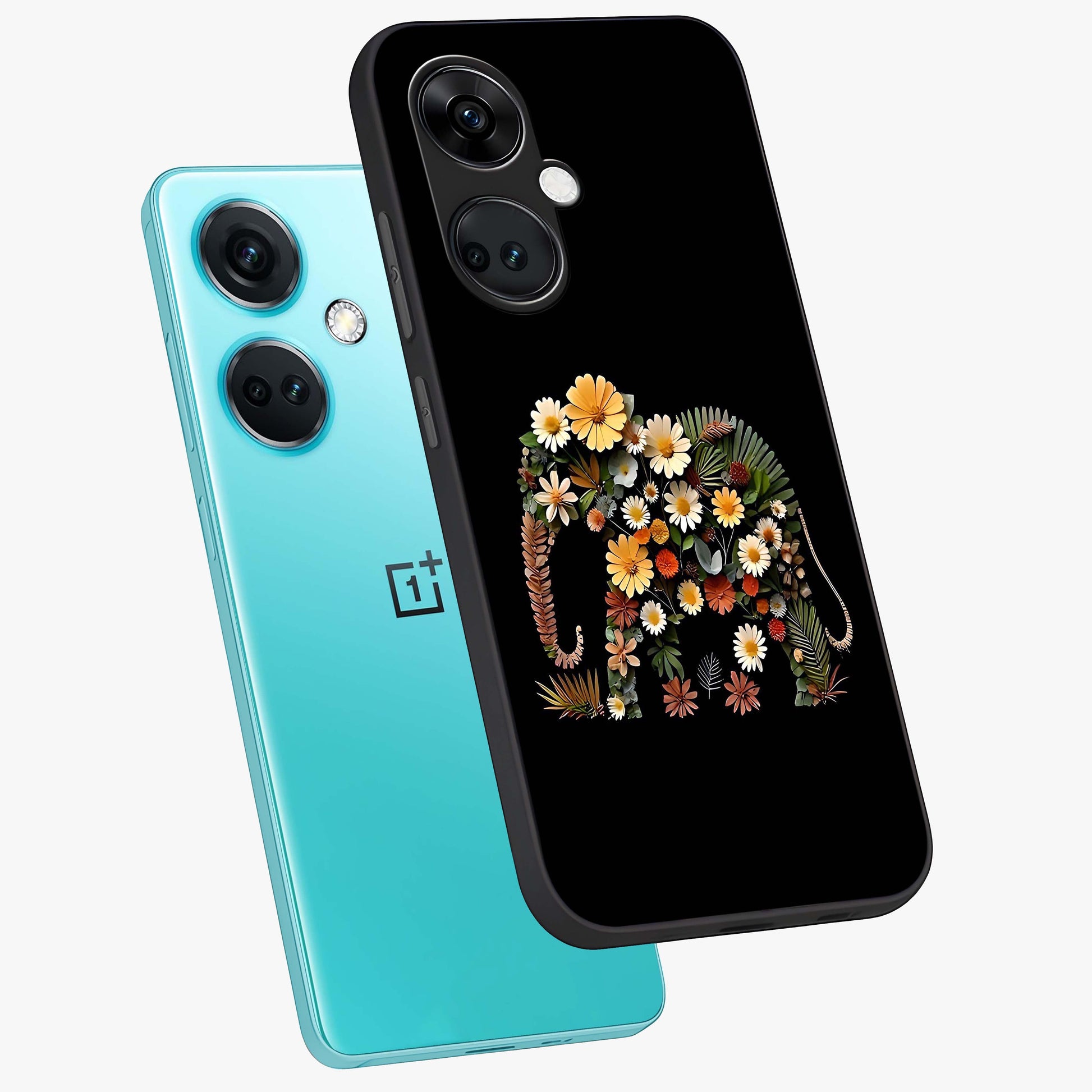 Floral Elephant Glass Case for 1+Nord CE 3 angled mockup showcasing glossy finish and vibrant cultural tones