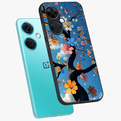 Floral Tree Glass Case for 1+Nord CE 3 angled mockup showcasing glossy finish and detailed branch textures