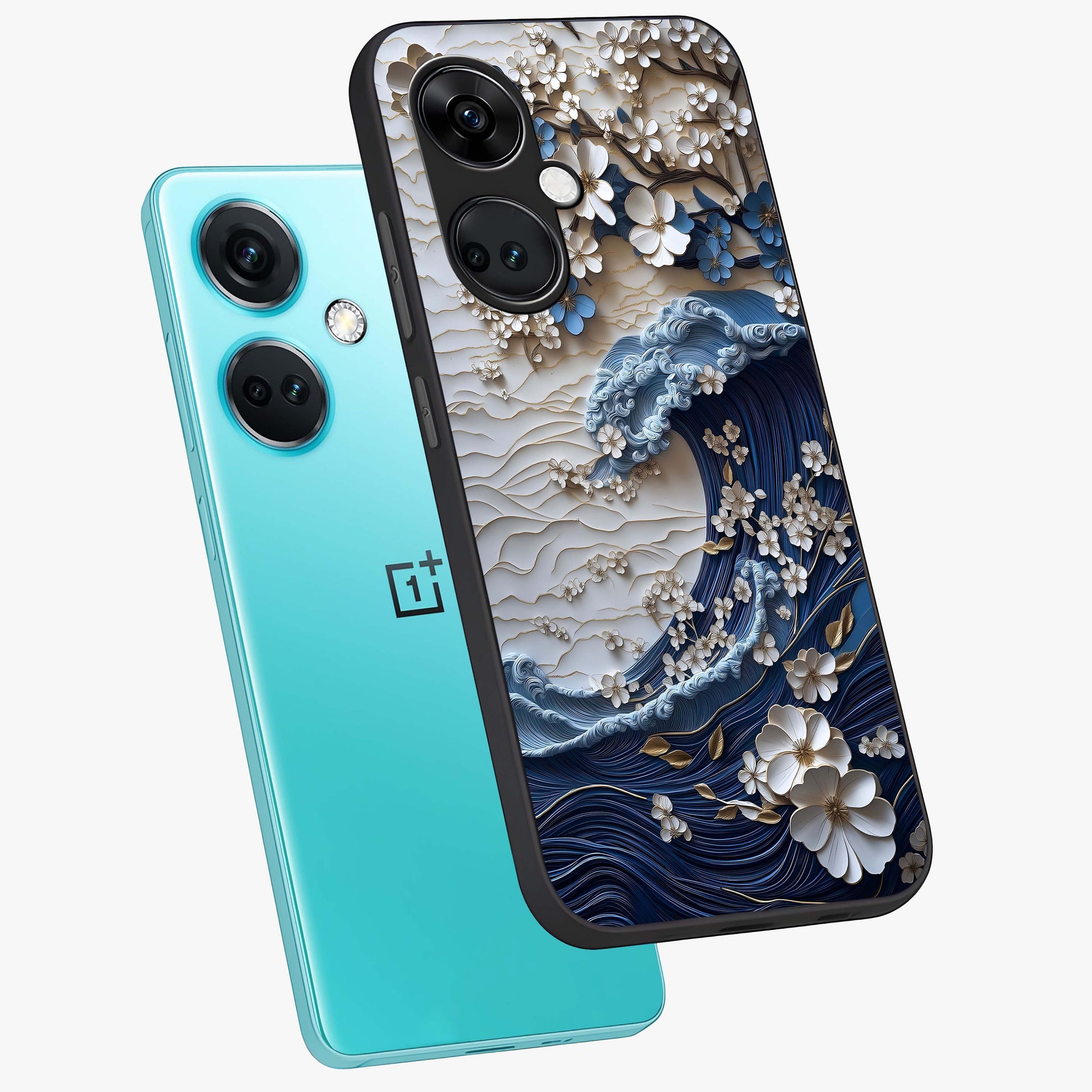 Floral Wave Origami Glass Case for 1+Nord Ce 3 angled mockup showcasing glossy glass finish and geometric bloom detailing