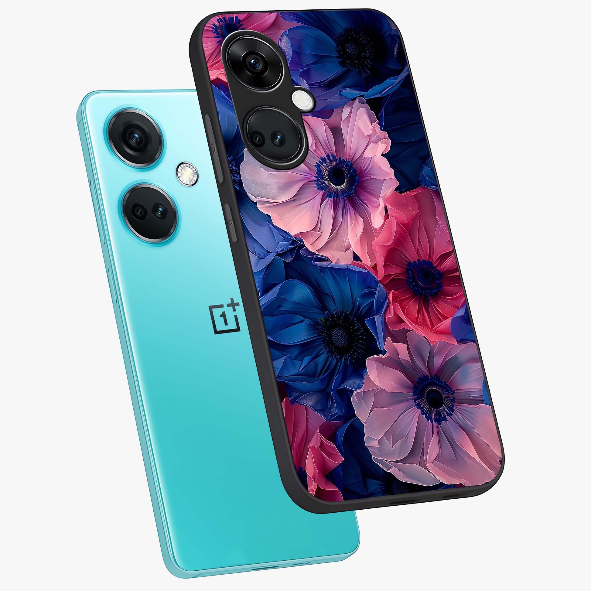Flower Paper Art Pattern Glass Case for 1+Nord CE 3 angled mockup showcasing glossy finish and textured paper detailing