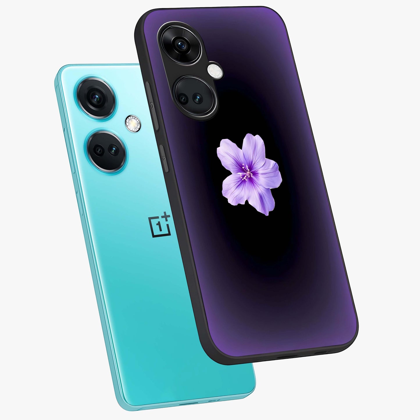 Flower on Soft Violet Gradient Glass Case for 1+Nord CE 3 angled mockup showcasing glossy finish and pastel purple tones