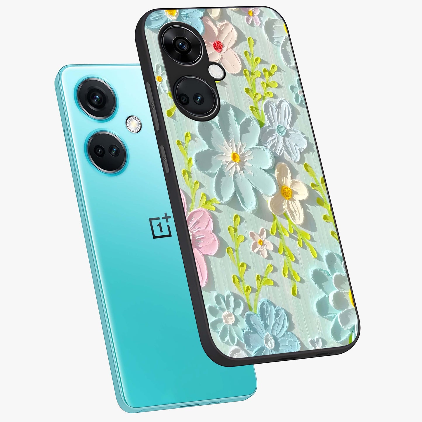 Frosted Petal Garden Glass Case for 1+Nord Ce 3 angled mockup showcasing glossy finish and pastel bloom detailing