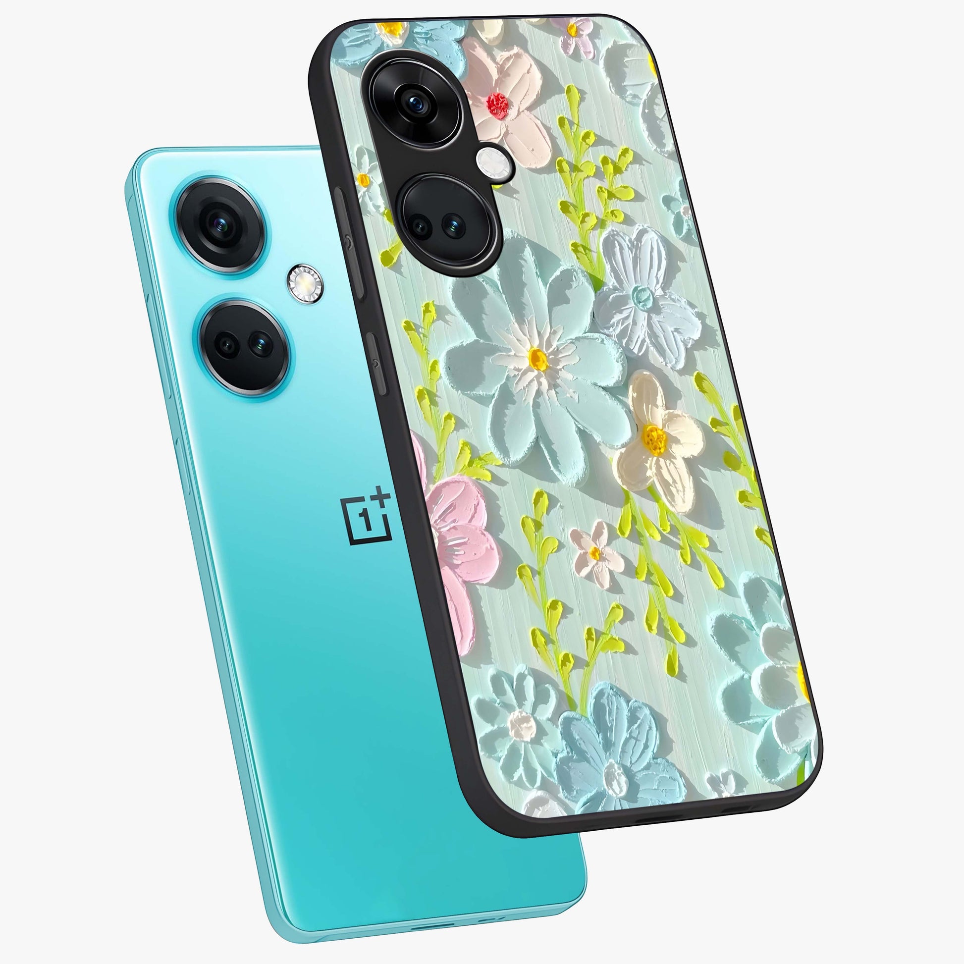 Frosted Petal Garden Glass Case for 1+Nord Ce 3 angled mockup showcasing glossy finish and pastel bloom detailing