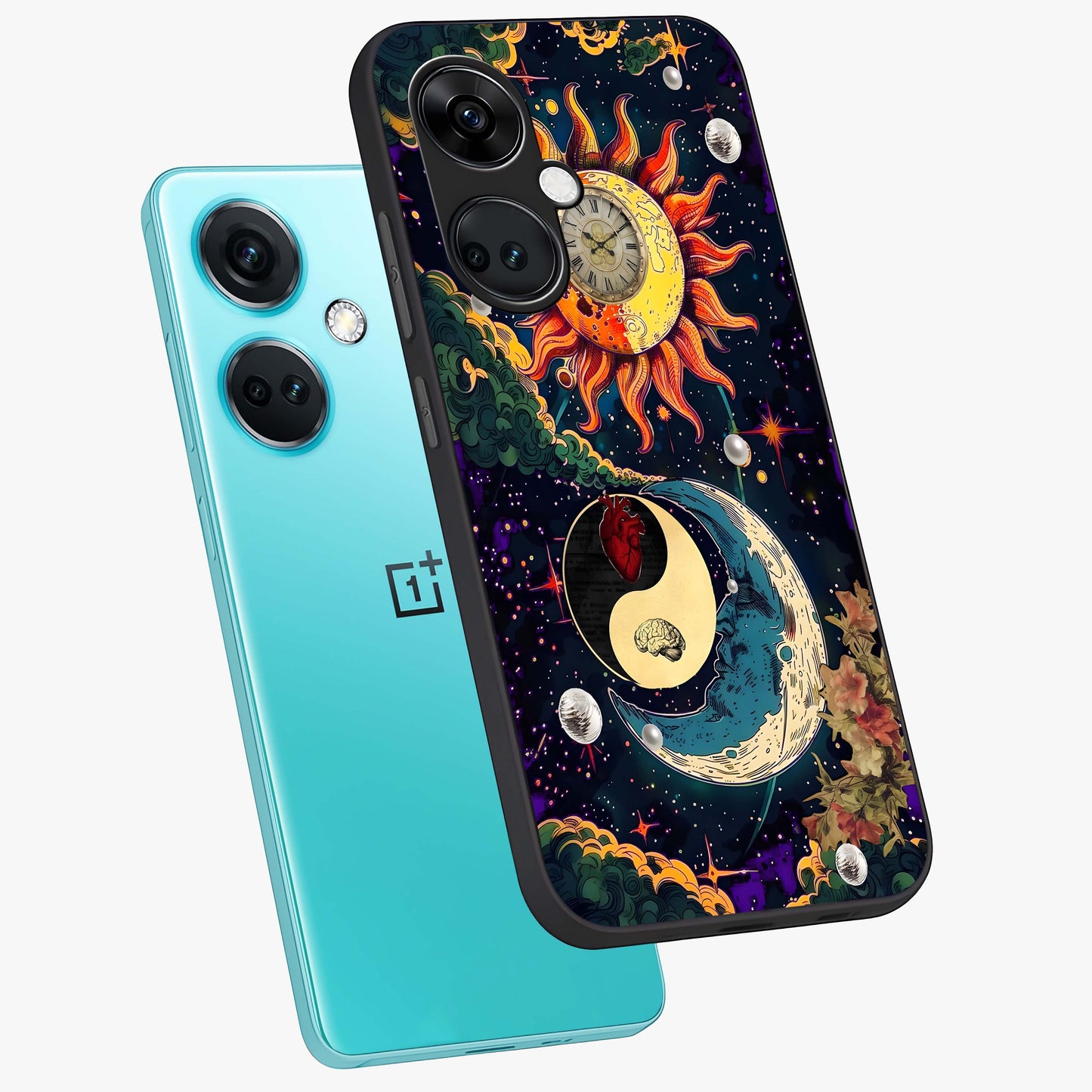Future Universe Glass Case for 1+Nord CE 3 angled mockup showcasing glossy finish and vibrant space tones