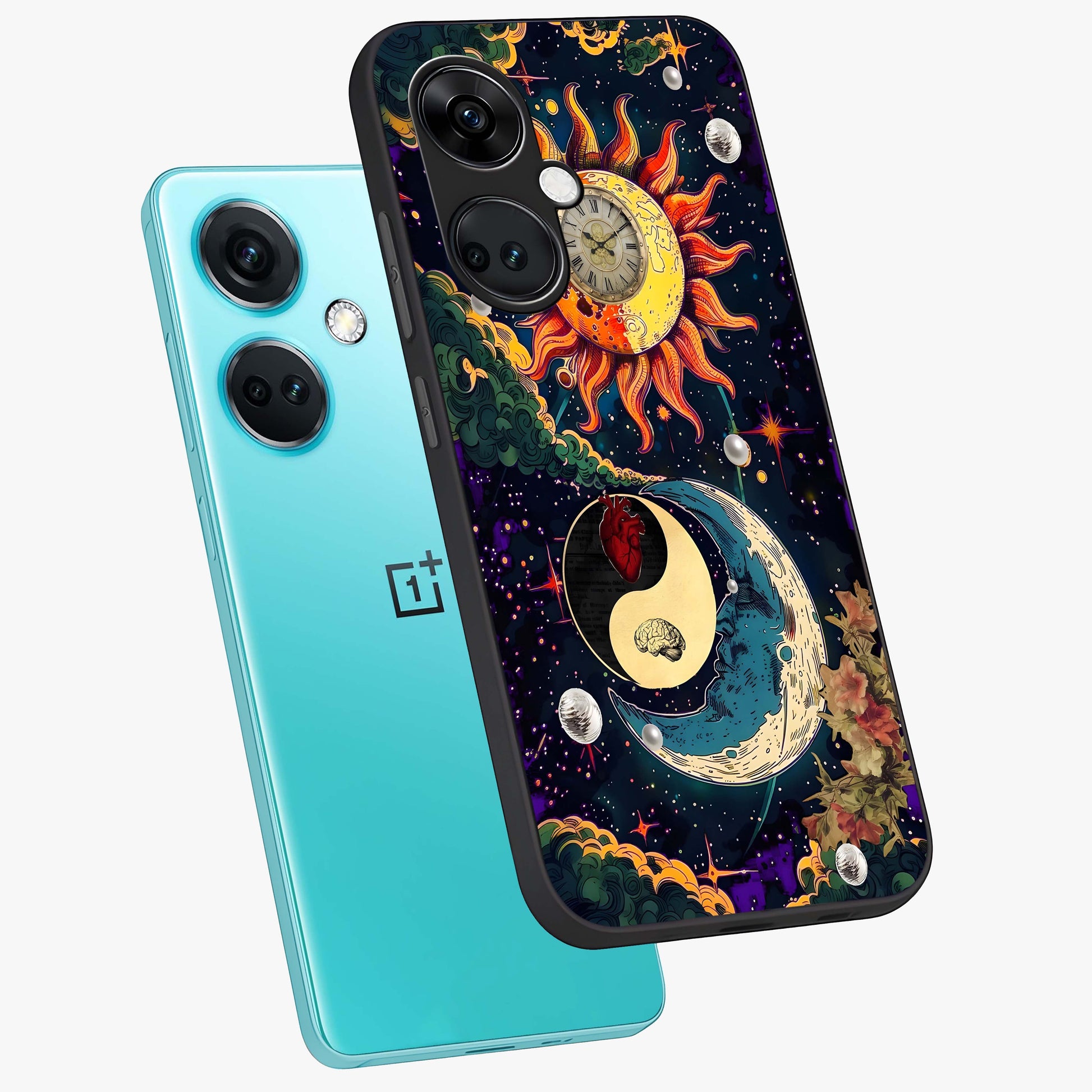 Future Universe Glass Case for 1+Nord CE 3 angled mockup showcasing glossy finish and vibrant space tones
