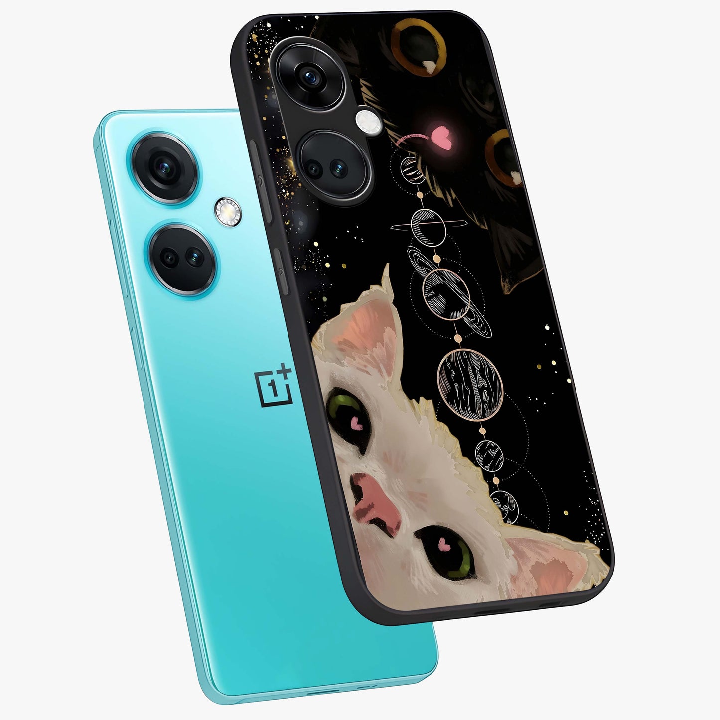 Galactic Cat Glass Case for 1+Nord CE 3 angled mockup showcasing glossy finish and luminous space detailing