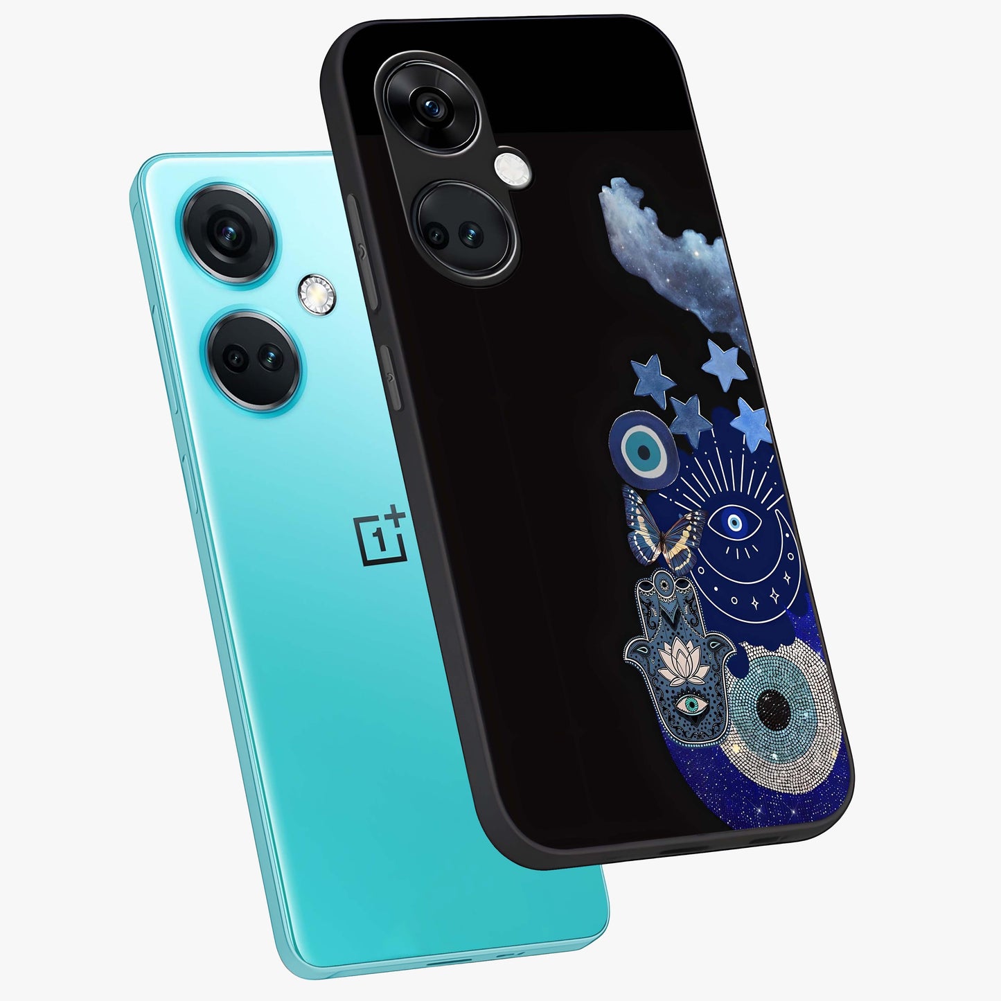 Galactic Charm Cluster Glass Case for 1+Nord CE 3 angled mockup showcasing glossy finish and vibrant star detailing