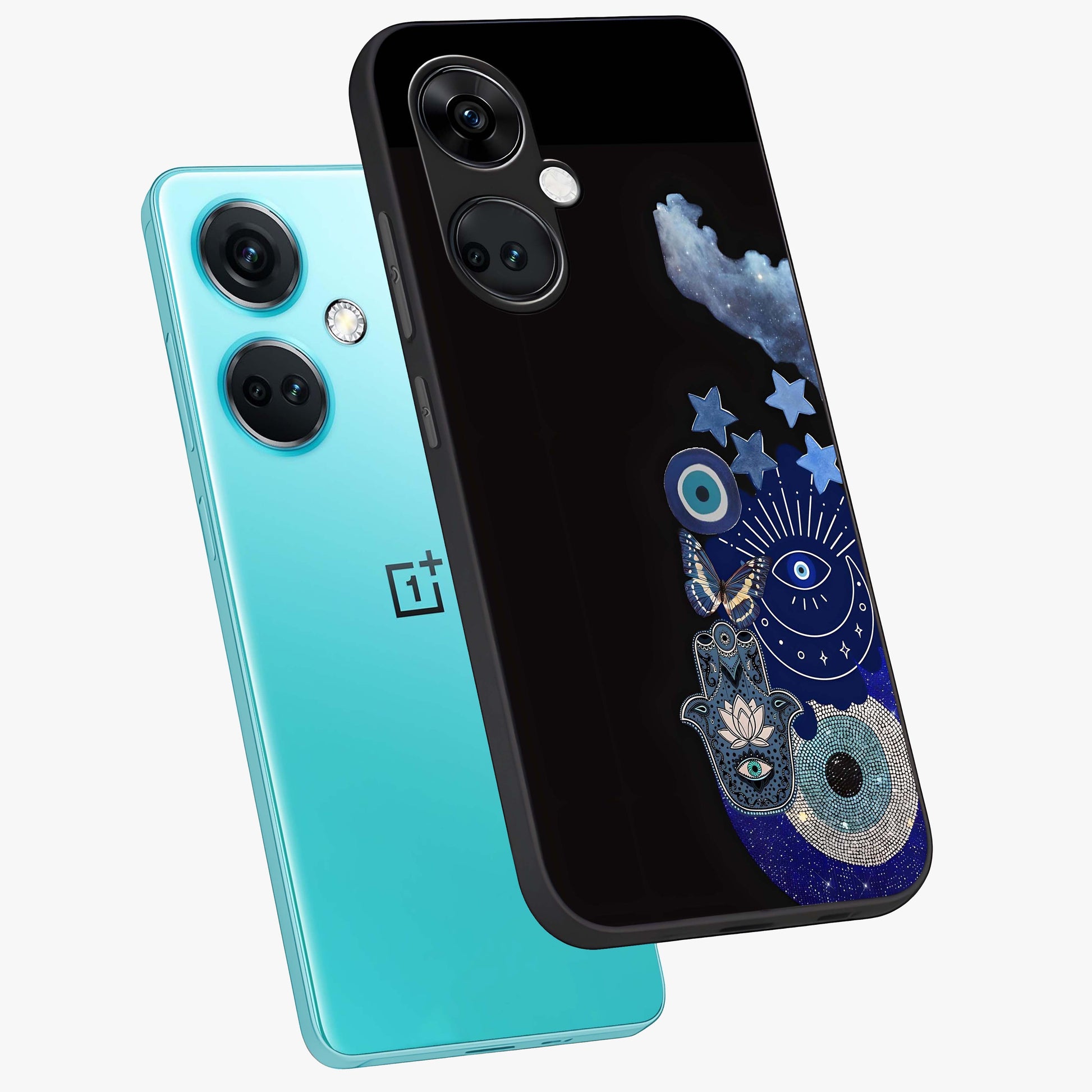 Galactic Charm Cluster Glass Case for 1+Nord CE 3 angled mockup showcasing glossy finish and vibrant star detailing
