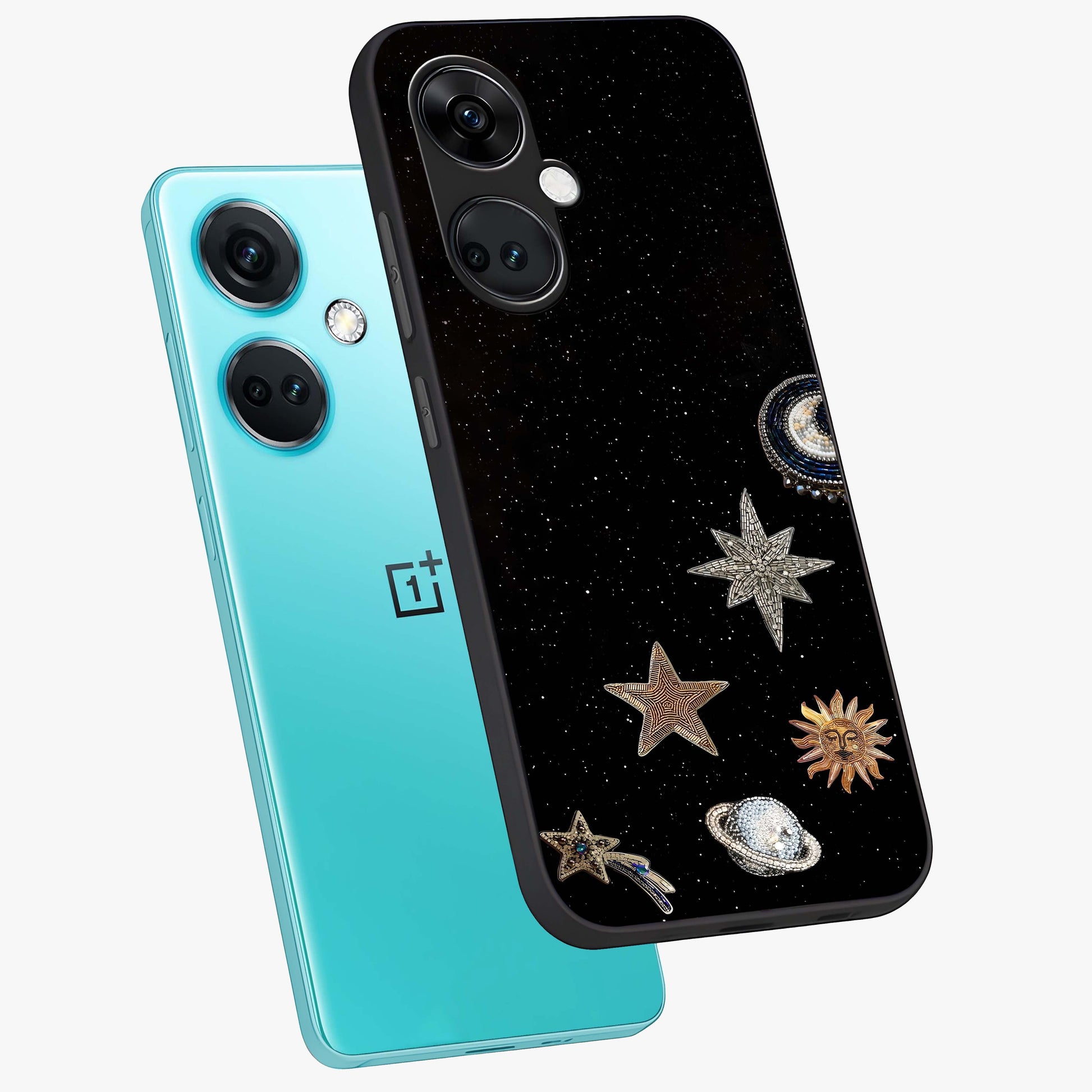 Galactic Charm Glow Glass Case for 1+Nord CE 3 angled mockup showcasing glossy glass finish and luminous galaxy tones