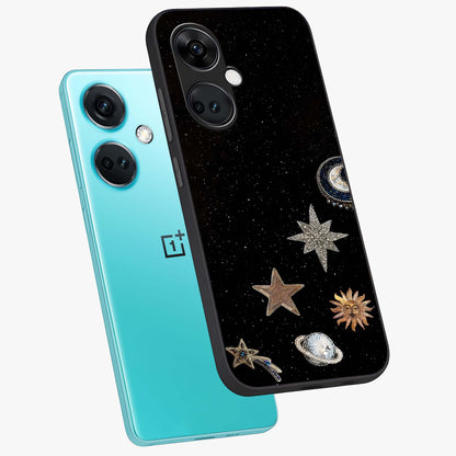 Galactic Charm Glow Glass Case for 1+Nord CE 3 angled mockup showcasing glossy glass finish and luminous galaxy tones