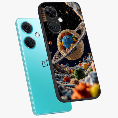 Galactic Dessert Dream Printed Glass Case for 1+Nord CE 3 angled mockup showcasing glossy finish and colorful galaxy tones