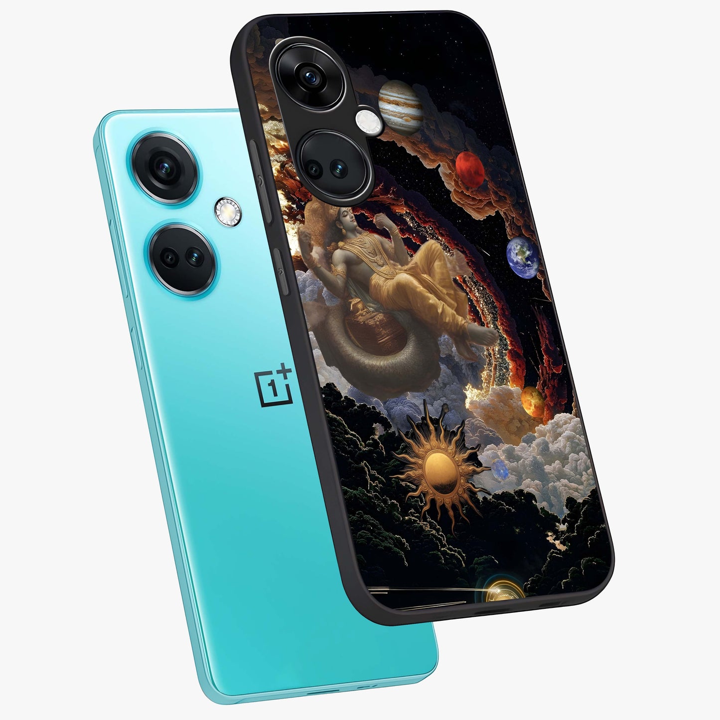 Galactic Divine God Glass Case for 1+Nord CE 3 angled mockup showcasing glossy finish and celestial spiritual tones