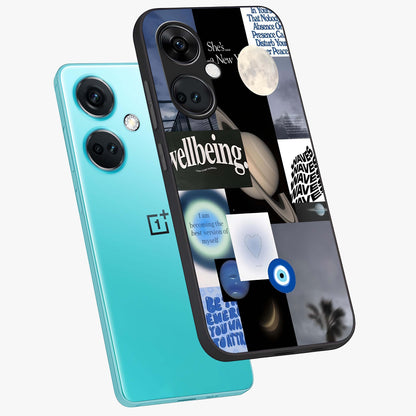 Galactic Energy Collage Glass Case for 1+Nord CE 3 angled mockup showcasing glossy finish and vibrant space textures