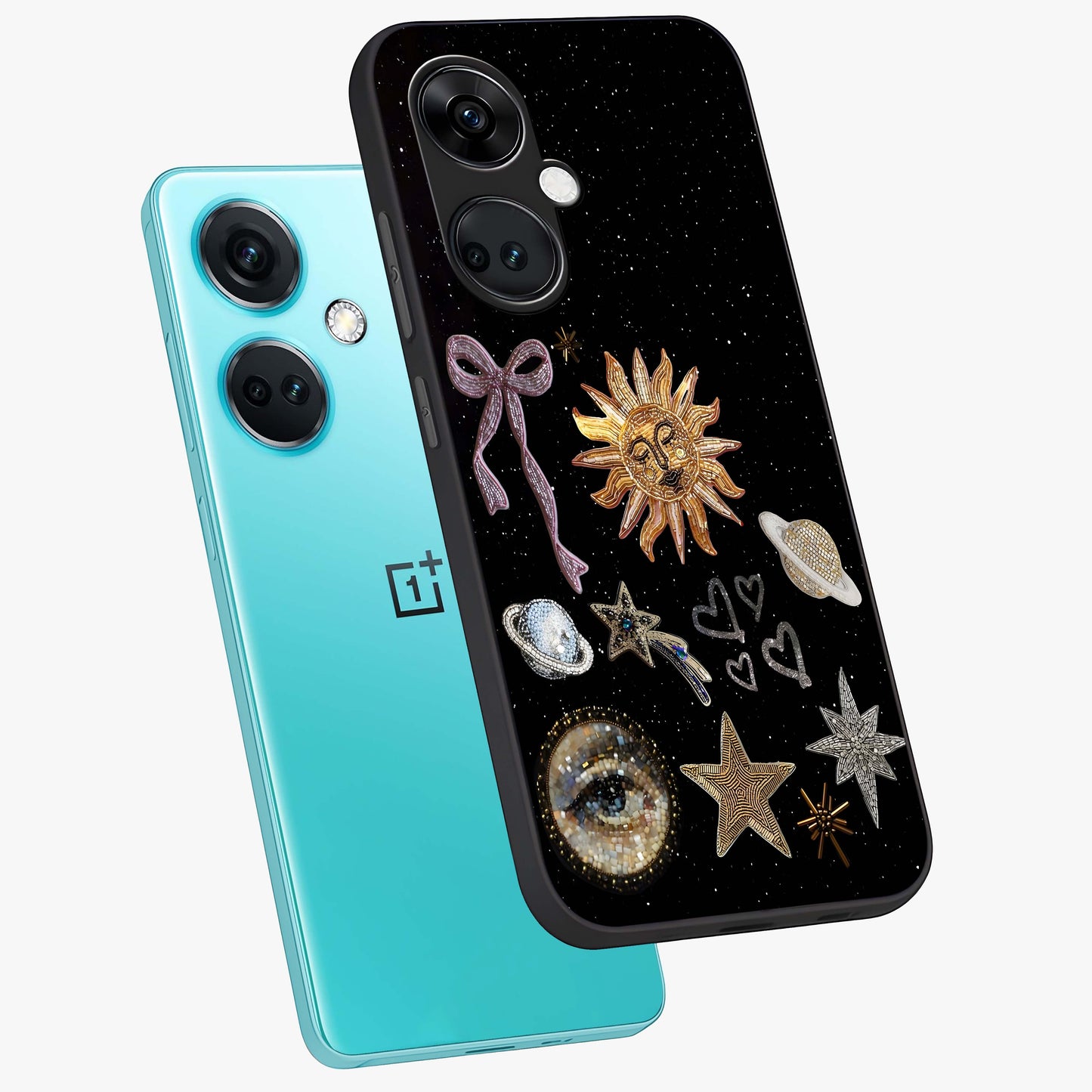 Galactic Sun Charm Glass Case for 1+Nord CE 3 angled mockup showcasing glossy finish and warm galaxy tones