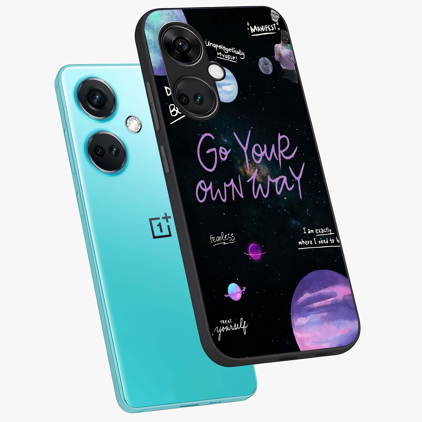Galactic Vibes Universe Glass Case for 1+Nord CE 3 angled mockup showcasing glossy finish and deep space gradients