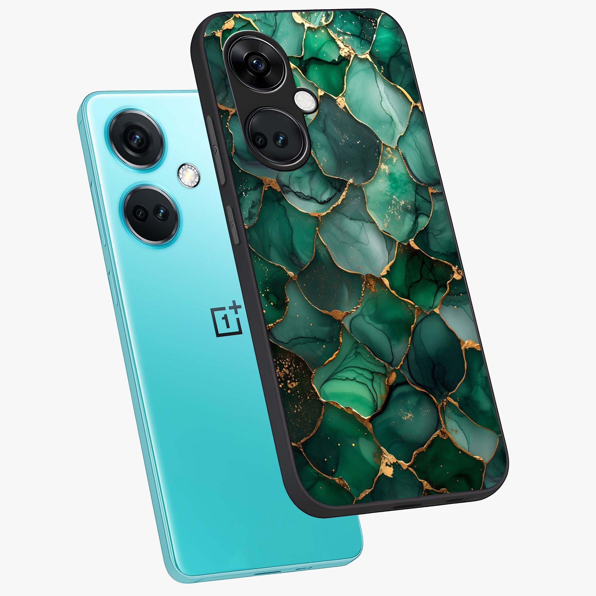 Geometric Polyester Pattern Glass Case for 1+Nord CE 3 angled mockup showcasing glossy finish and clean structured detailing