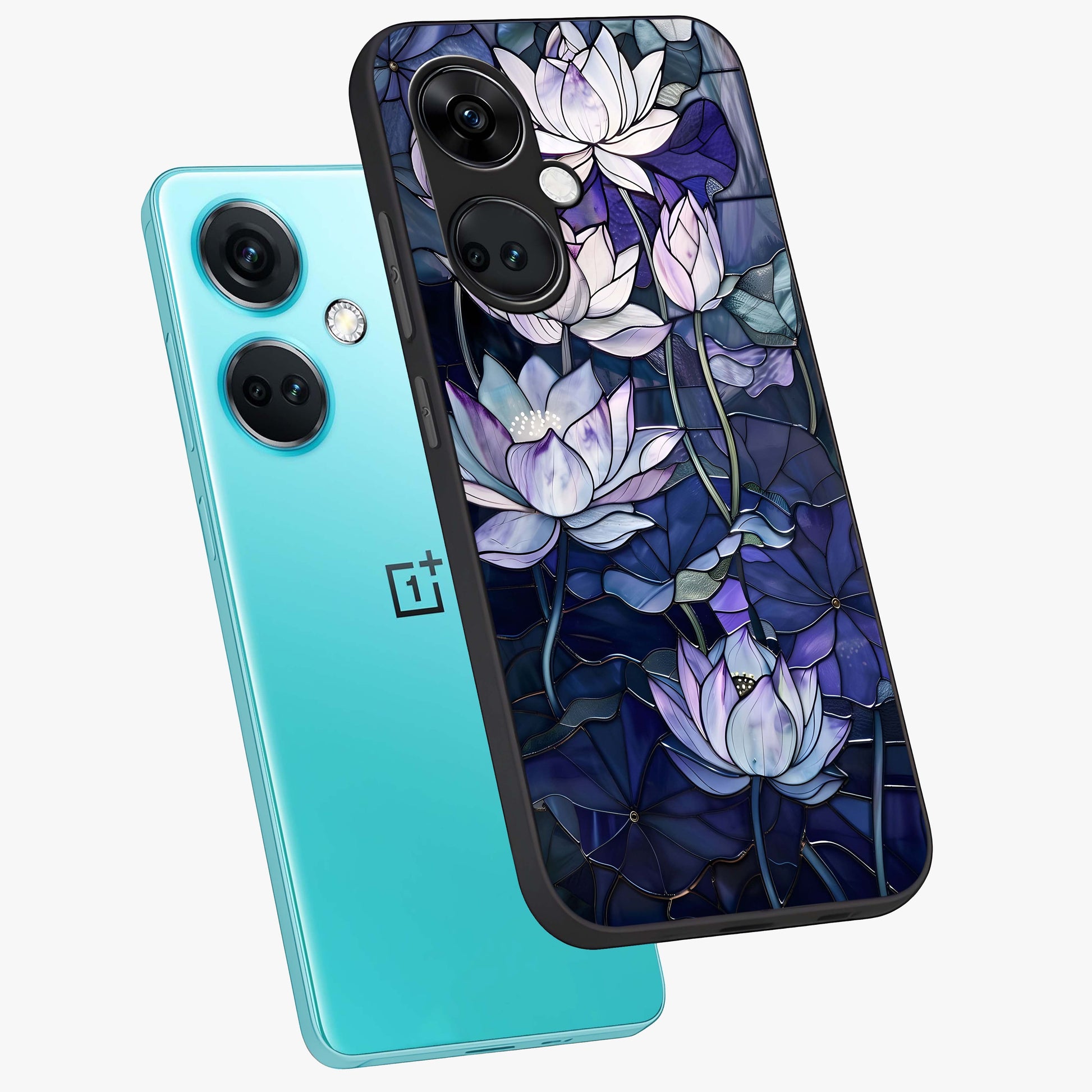 Gloss Petal Rush Glass Case for 1+Nord CE 3 angled mockup showcasing shiny glass finish and vibrant bloom detailing