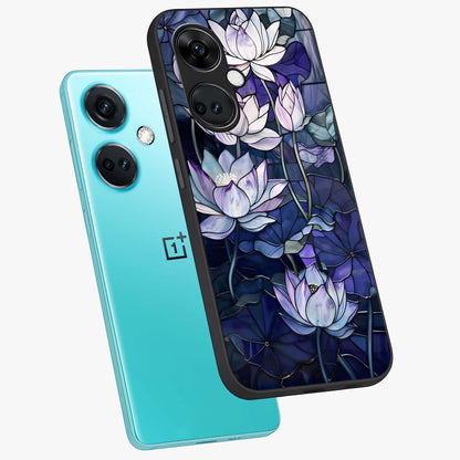 Gloss Petal Rush Glass Case for 1+Nord CE 3 angled mockup showcasing shiny glass finish and vibrant bloom detailing
