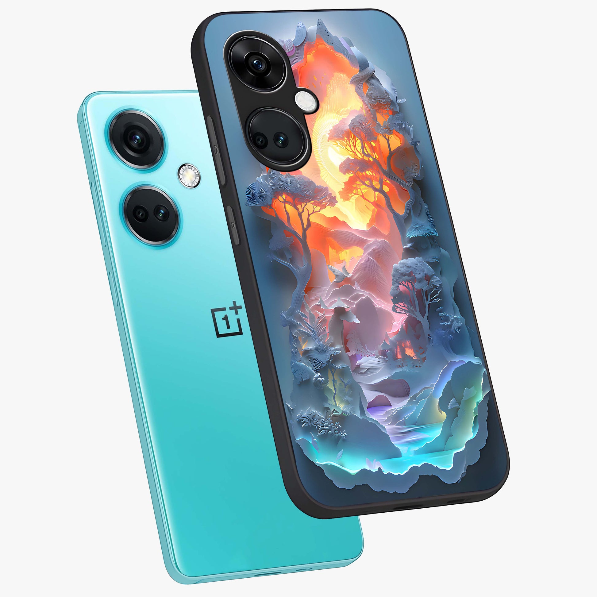 Glow Forest Portal Glass Case for 1+Nord Ce 3 angled mockup showcasing glossy finish and luminous green tones