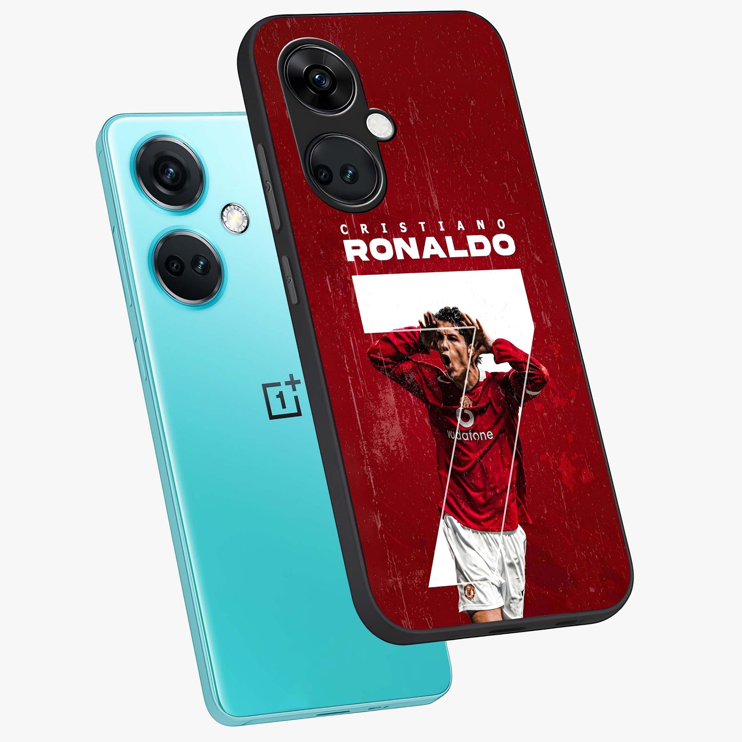 Goal Celebration Legacy Glass Case for 1+Nord CE 3 angled mockup showcasing glossy finish and dynamic action tones