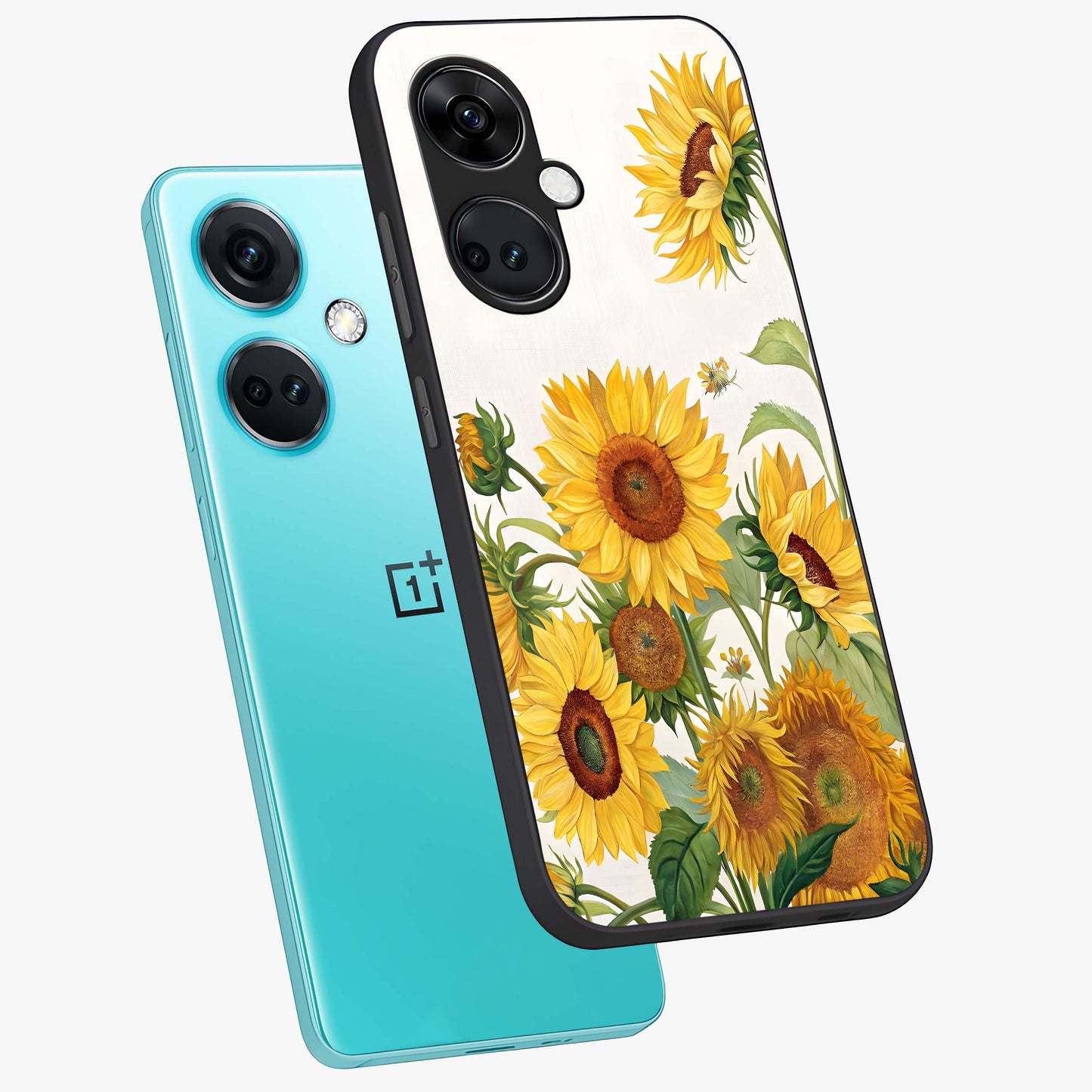 Golden Bloom Fields Glass Case for 1+Nord CE 3 angled mockup showcasing glossy finish and warm golden gradients