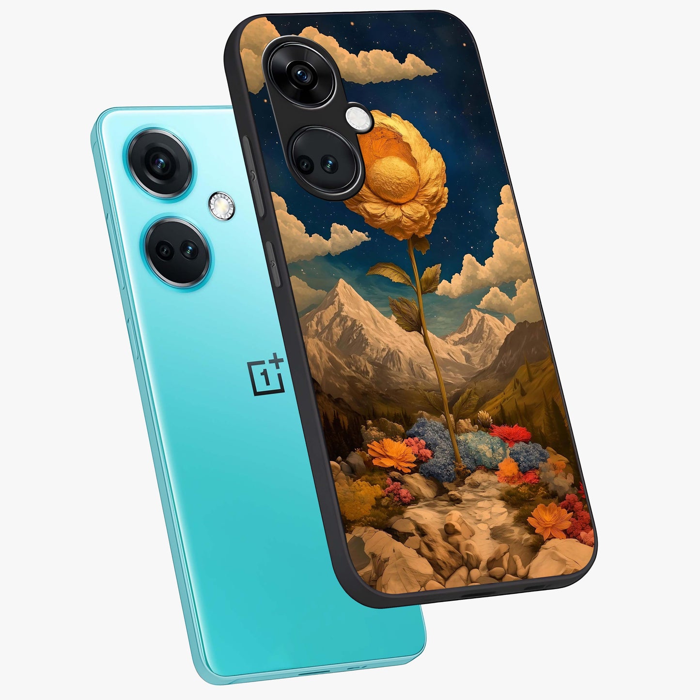 Golden Bloom Night Glass Case for 1+Nord CE 3 angled mockup showcasing glossy glass finish and rich night tones