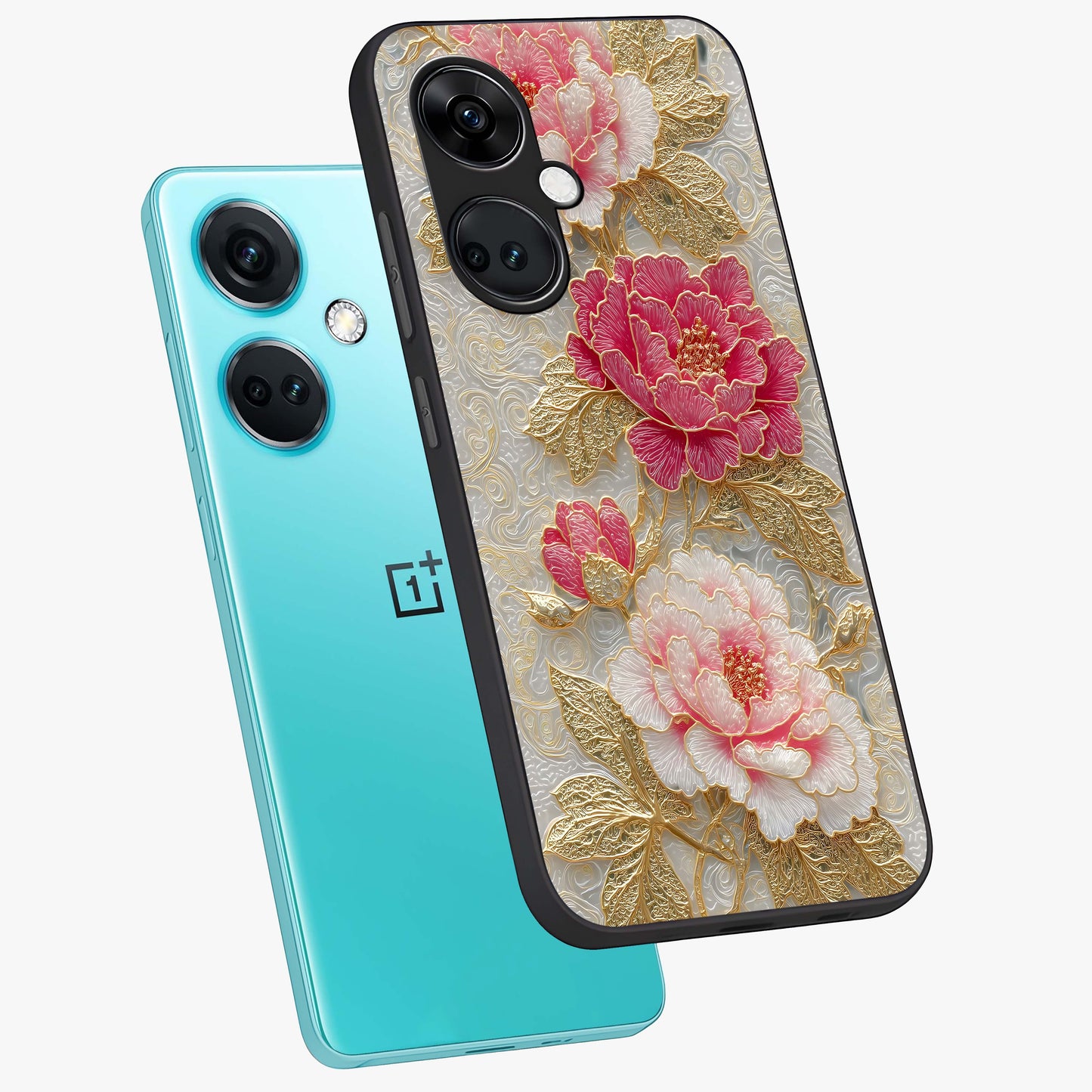 Golden Blossom Elegance Glass Case for 1+Nord CE 3 angled mockup showcasing glossy finish and luxurious bloom tones