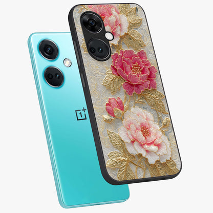 Golden Blossom Elegance Glass Case for 1+Nord CE 3 angled mockup showcasing glossy finish and luxurious bloom tones