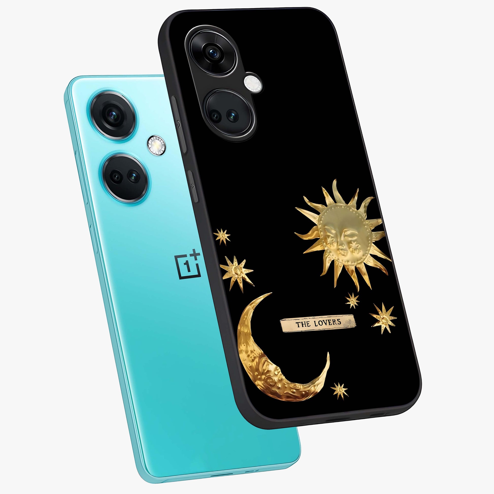 Golden Celestial Charm Glass Case for 1+Nord CE 3 angled mockup showcasing glossy finish and shimmering cosmic tones