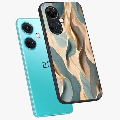 Golden Dune Waves Glass Case for 1+Nord CE 3 angled mockup showcasing glossy finish and smooth wave textures