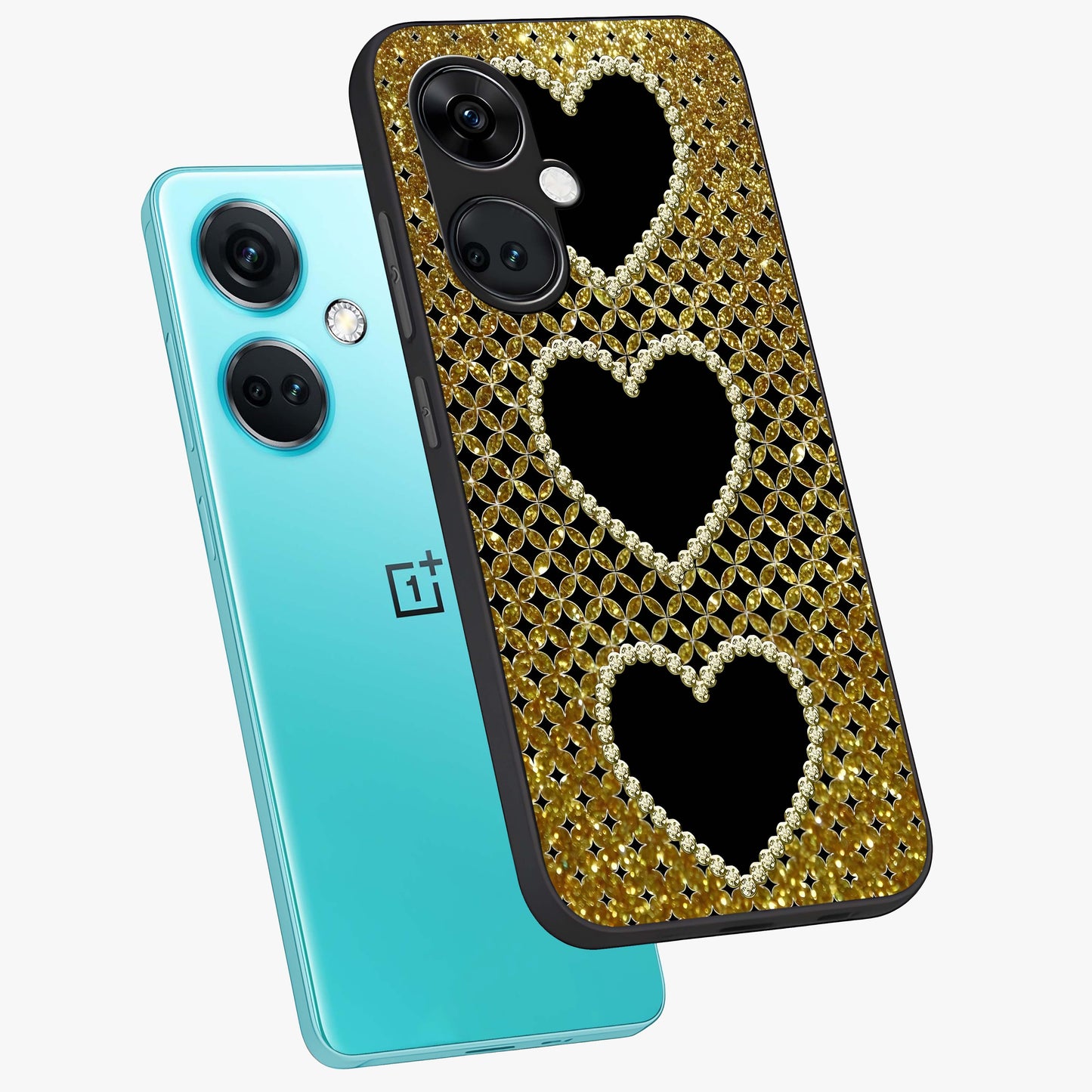 Golden Heart Glow Glass Case for 1+Nord Ce 3 angled mockup showcasing glossy finish and radiant warm tones