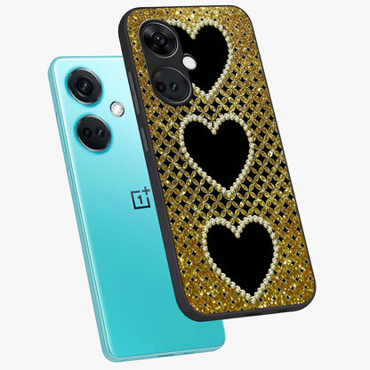 Golden Heart Glow Glass Case for 1+Nord Ce 3 angled mockup showcasing glossy finish and radiant warm tones