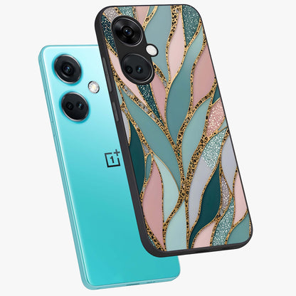 Golden Leaf Dreams Glass Case for 1+Nord CE 3 angled mockup showcasing glossy finish and refined botanical tones
