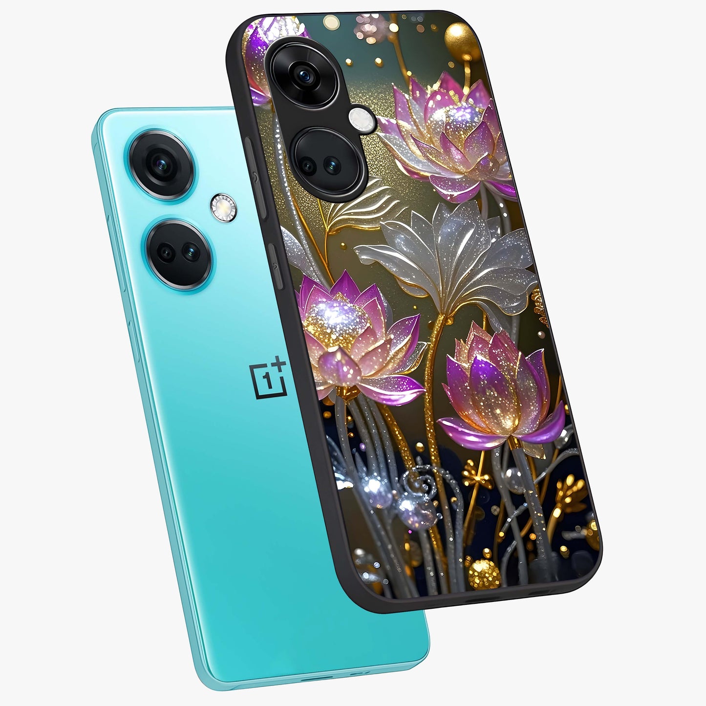 Golden Lotus Glow Glass Case for 1+Nord Ce 3 angled mockup showcasing glossy finish and luminous spiritual tones