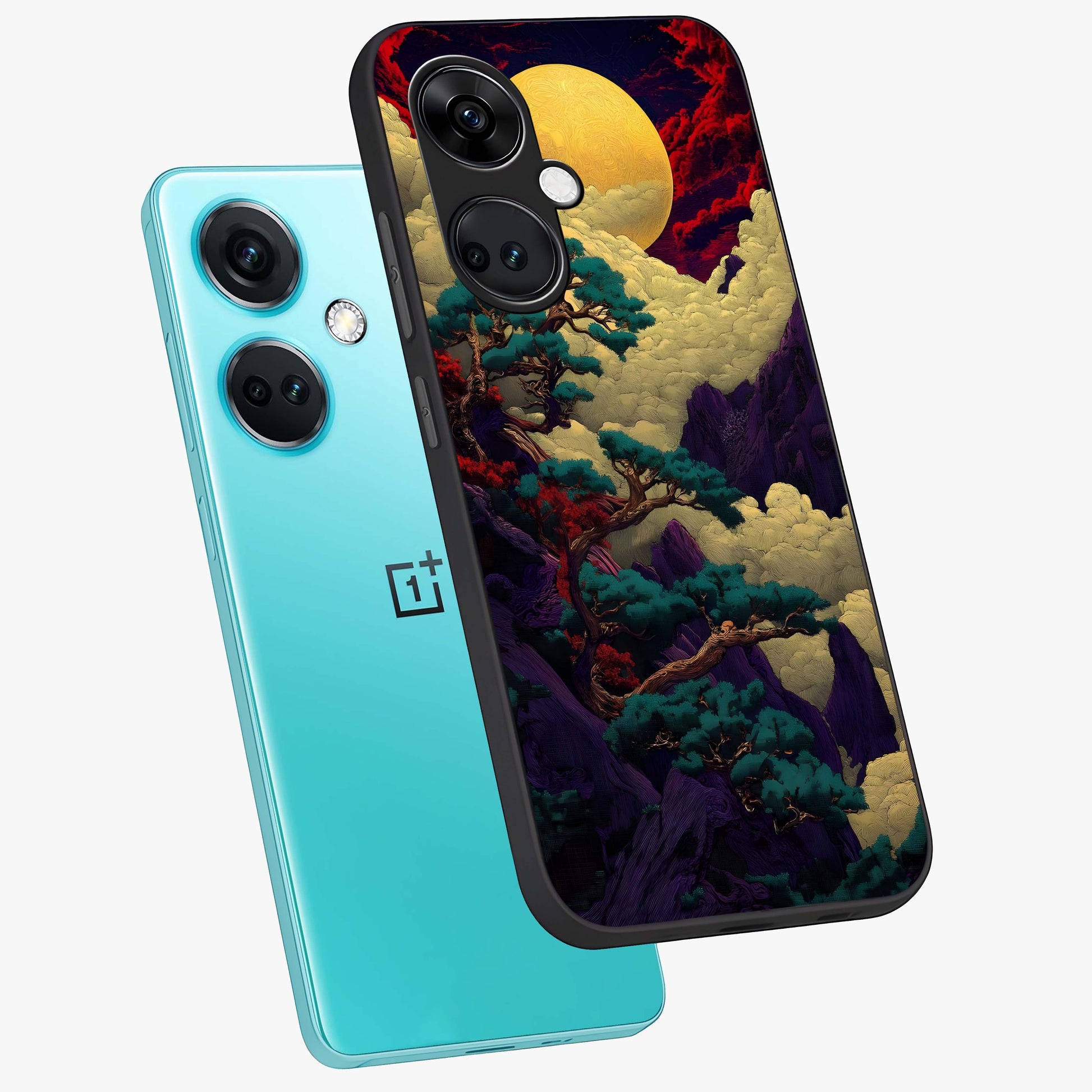 Golden Moon Horizon Glass Case for 1+Nord Ce 3 angled mockup showcasing glossy finish and warm gradient tones