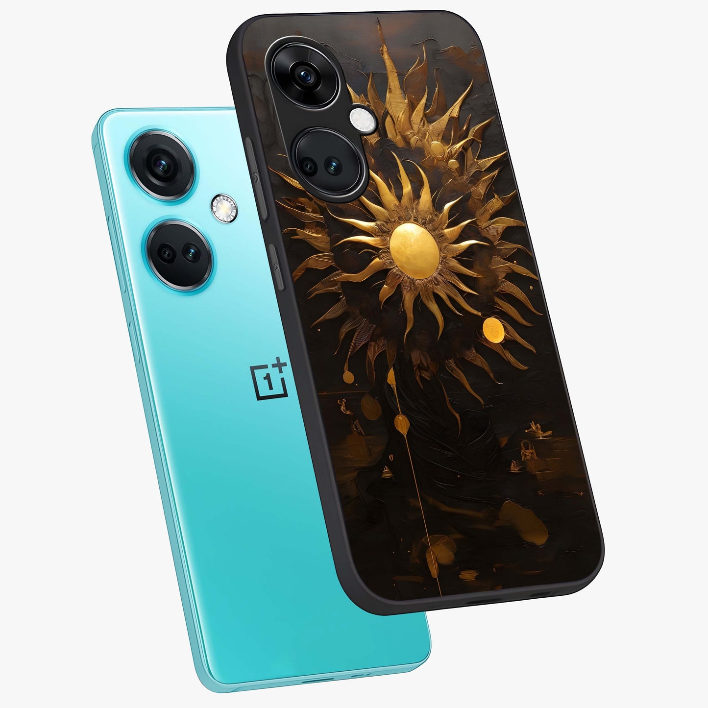 Golden Sun Majesty Glass Case for 1+Nord Ce 3 angled mockup showcasing glossy finish and warm celestial gradients