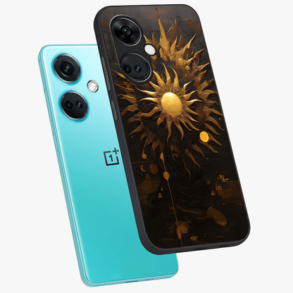 Golden Sun Majesty Glass Case for 1+Nord Ce 3 angled mockup showcasing glossy finish and warm celestial gradients