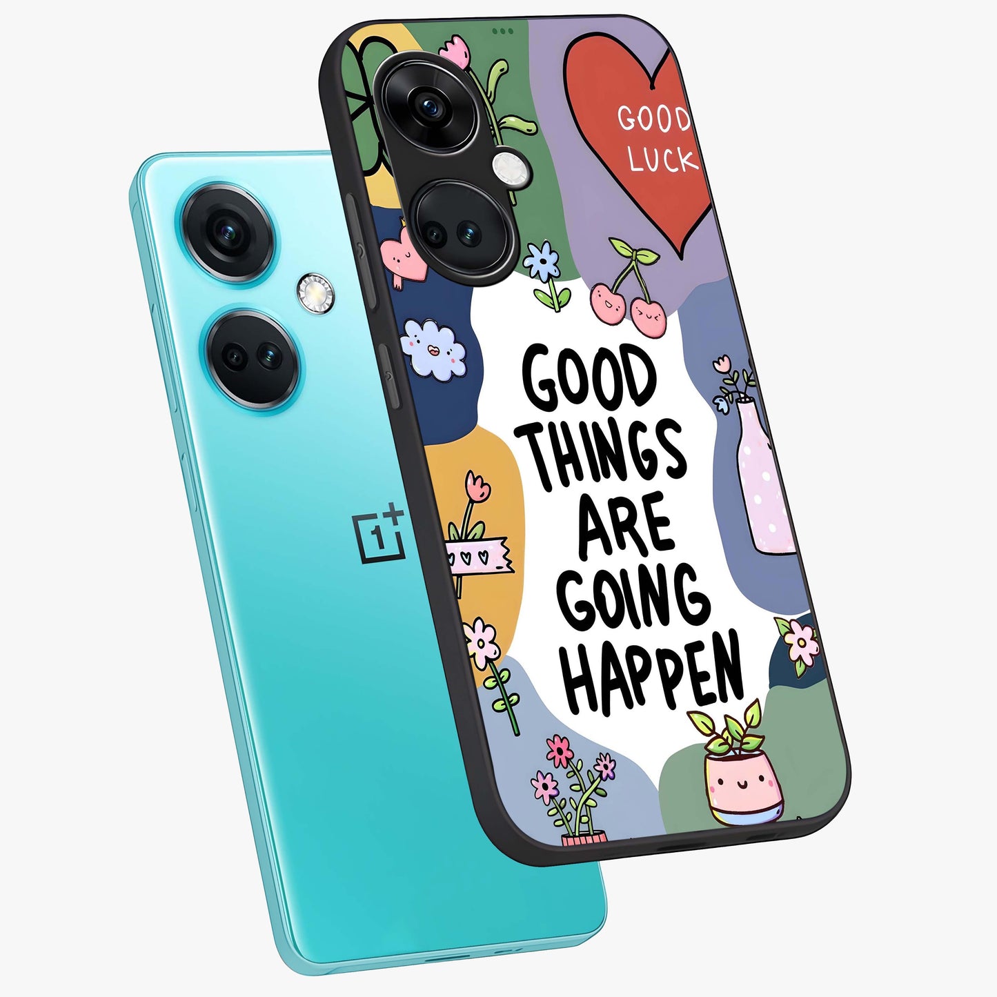 Good Thing Quote Glass Case for 1+Nord CE 3 angled mockup showcasing glossy finish and clean modern design