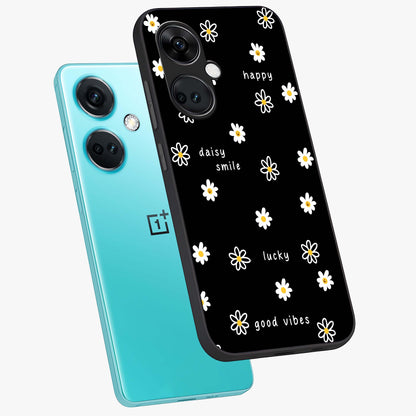 Good Vibes Daisy Black Pattern Glass Case for 1+Nord CE 3 angled mockup showcasing glossy finish and bold floral contrast