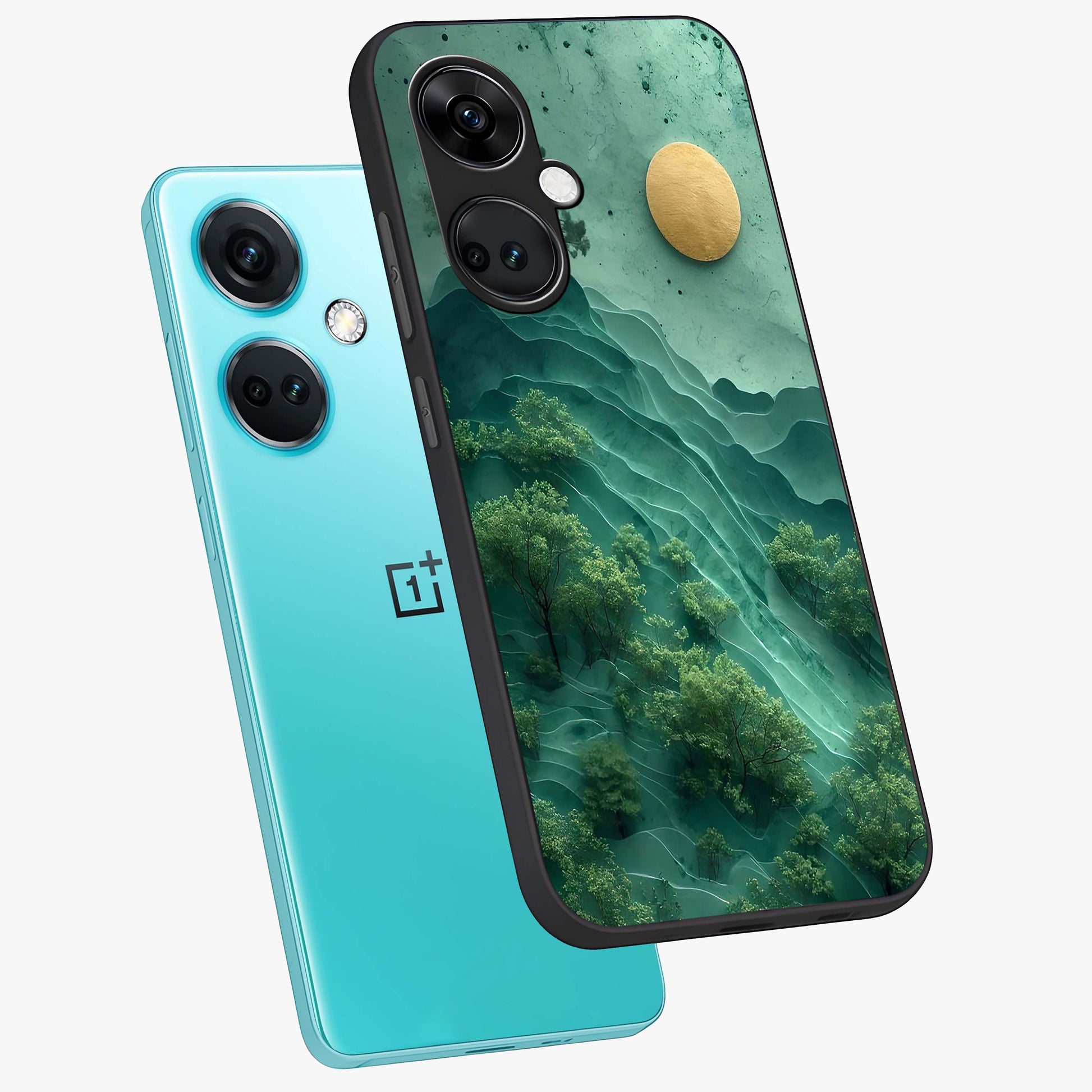 Green Hills With Sun Glass Case for 1+Nord CE 3 angled mockup showcasing glossy finish and natural gradient tones