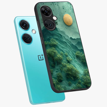 Green Hills With Sun Glass Case for 1+Nord CE 3 angled mockup showcasing glossy finish and natural gradient tones