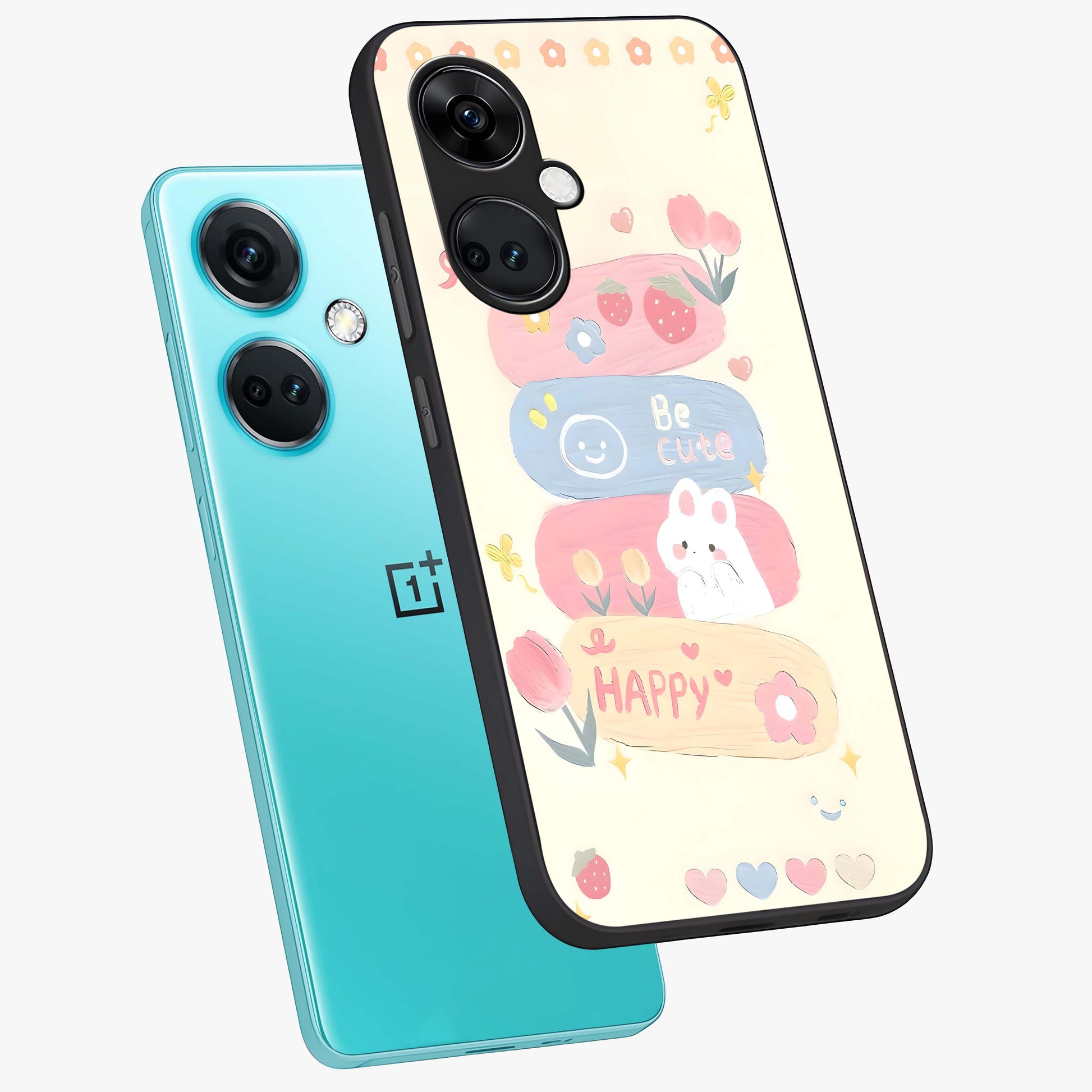 Happy Cute Bunny Glass Case for 1+Nord Ce 3 angled mockup showcasing glossy finish and soft pastel tones